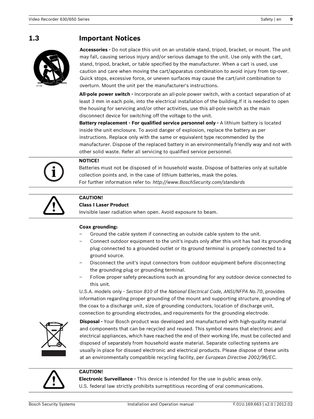 Bosch Appliances 630, 650 operation manual Important Notices, Class I Laser Product, Coax grounding 