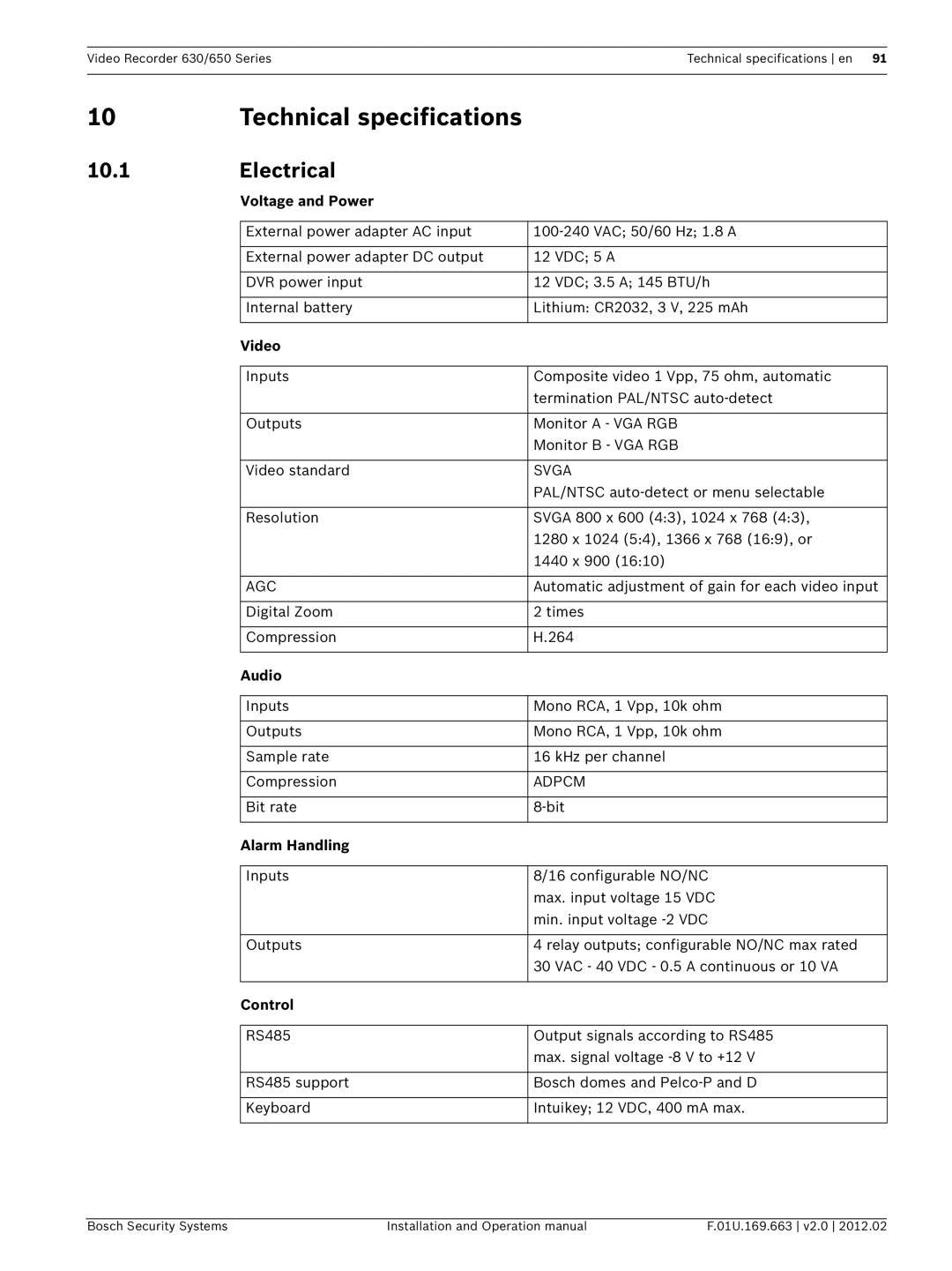 Bosch Appliances 630, 650 operation manual Technical specifications, Electrical 