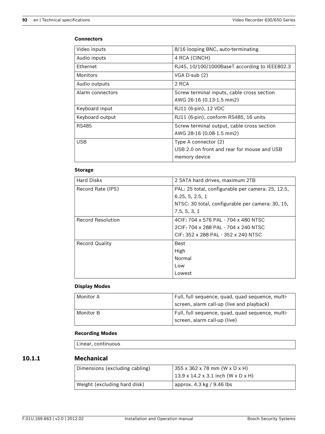 Bosch Appliances 650, 630 operation manual Mechanical, Connectors, Storage, Display Modes, Recording Modes 