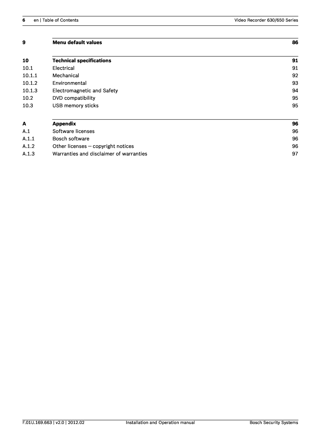 Bosch Appliances 650, 630 operation manual Menu default values, Technical specifications, Appendix 