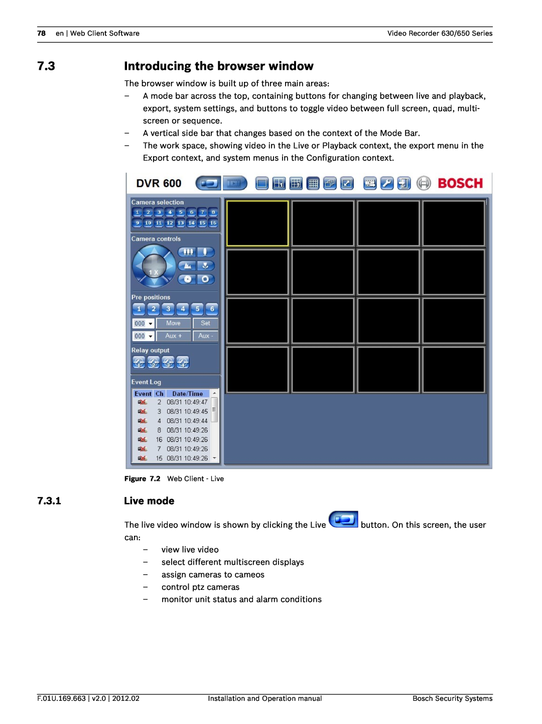 Bosch Appliances 650, 630 operation manual Introducing the browser window, 7.3.1, Live mode 