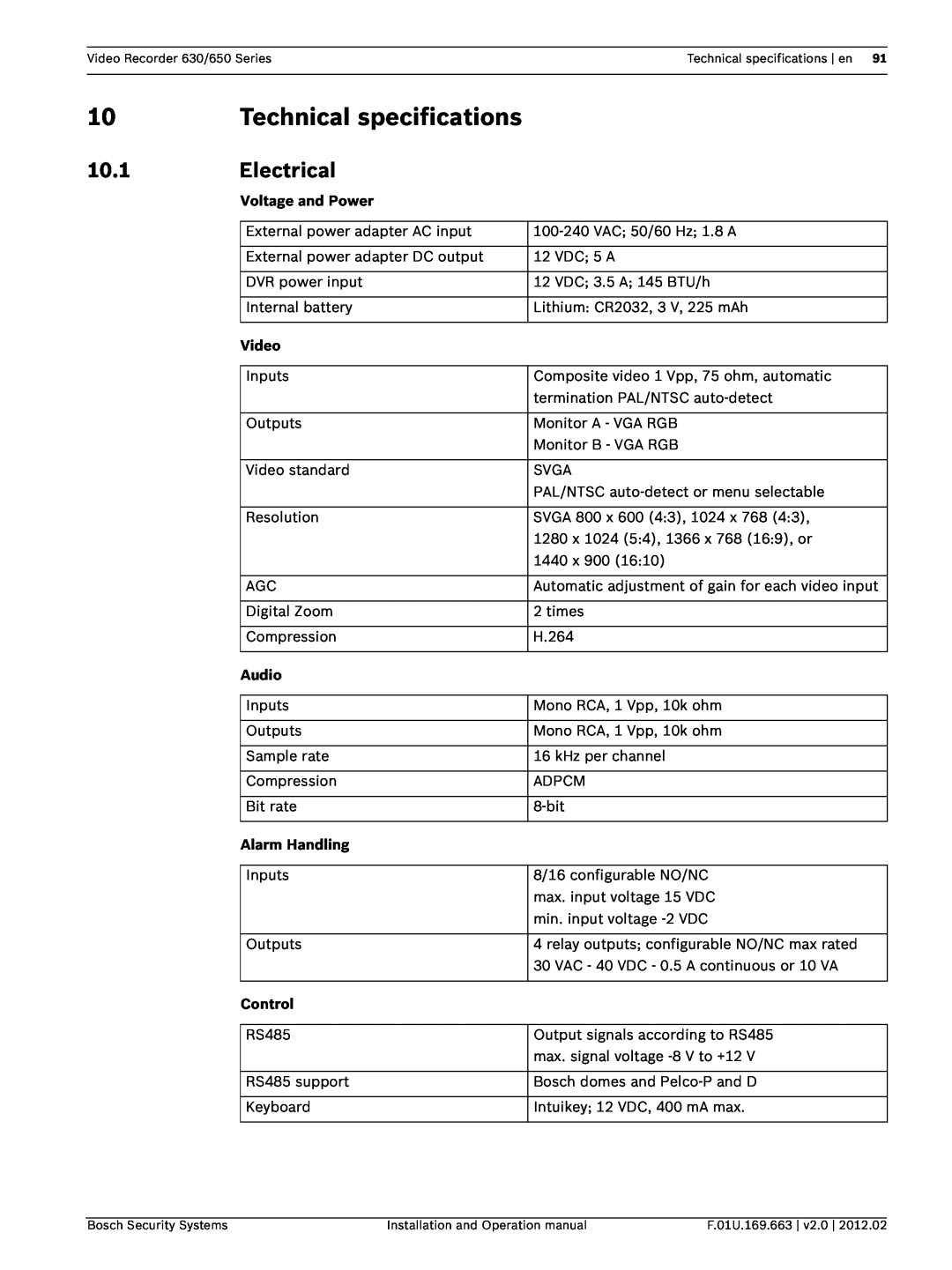 Bosch Appliances 630 Technical specifications, 10.1, Electrical, Voltage and Power, Video, Alarm Handling, Control, Audio 