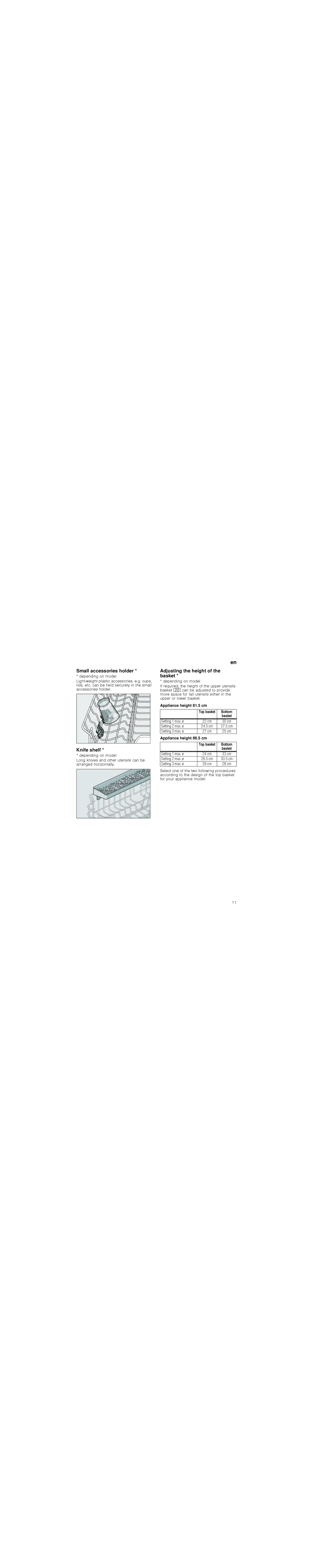 Bosch Appliances 5HVHW, 6WDUW Small accessories holder *erdloshicamS, Adjustingteksabhghtofusneidjthe height of the basket 