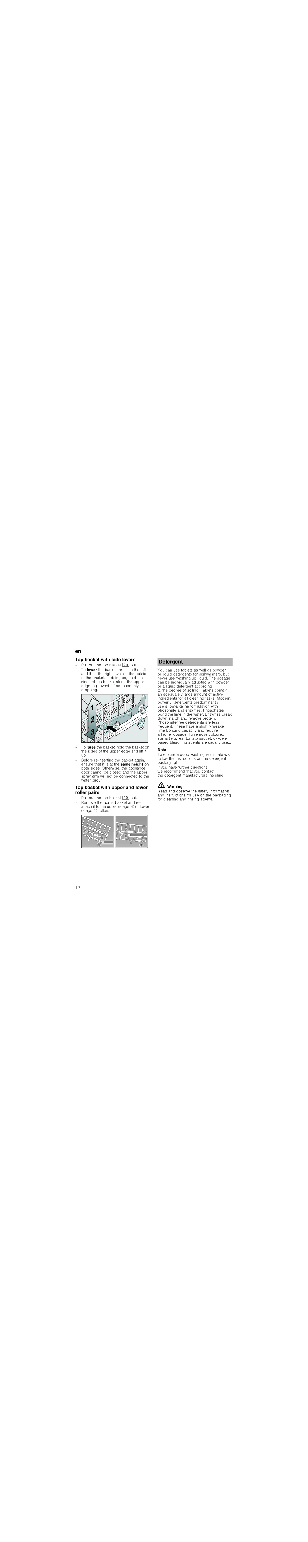 Bosch Appliances 6WDUW, 5HVHW manual Detergent, Top basket with side levers, Top basket with upper and lower roller pairs 