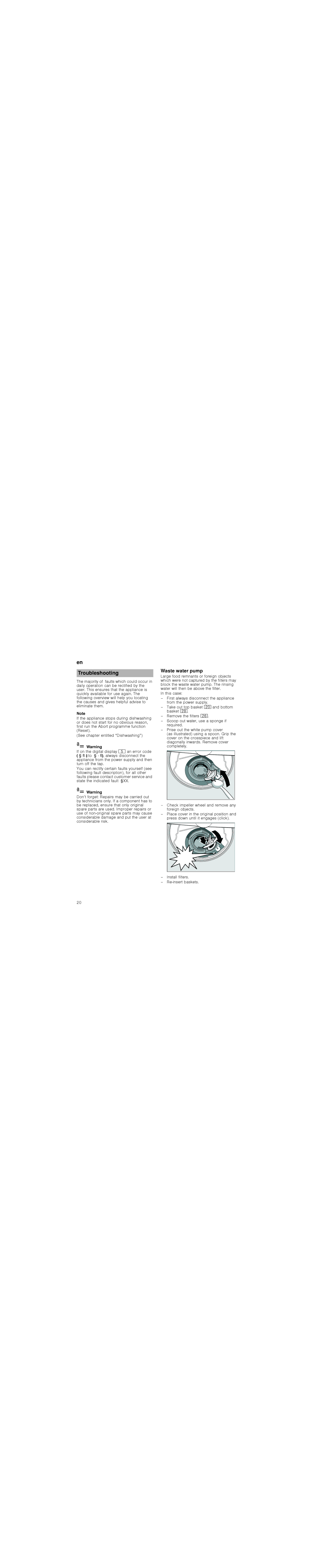 Bosch Appliances 6WDUW, 5HVHW manual Troubleshooting, Waste water pump 