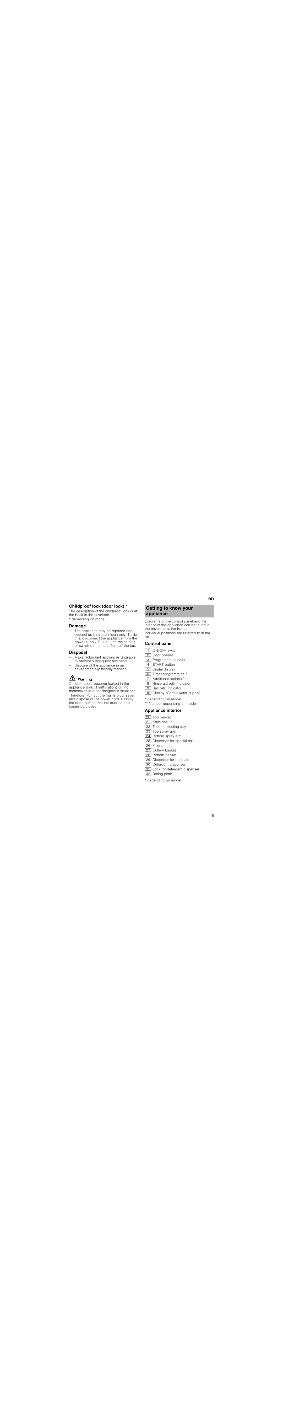 Bosch Appliances 5HVHW, 6WDUW manual Getting to know your appliance 