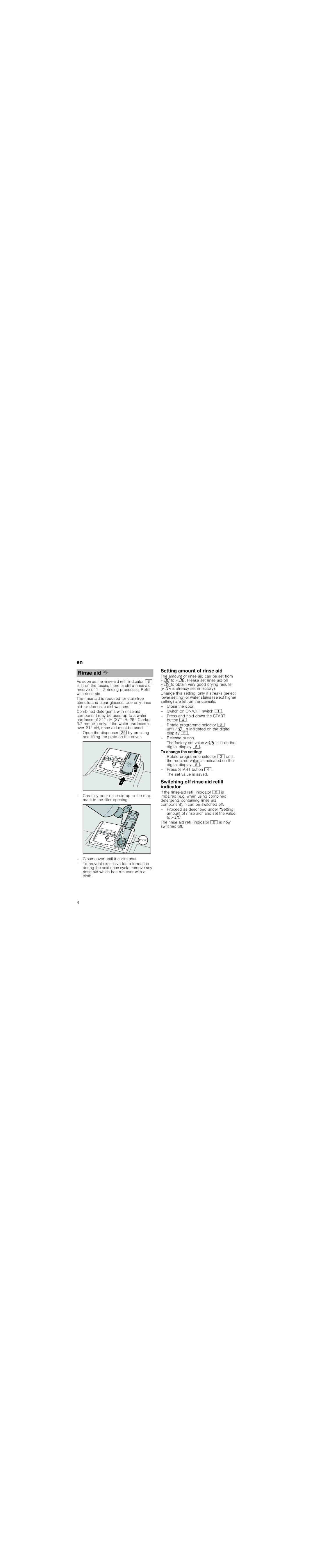 Bosch Appliances 6WDUW, 5HVHW manual Rinse aid %, Setting amount of rinse aid, Switching off rinse aid refill indicator 