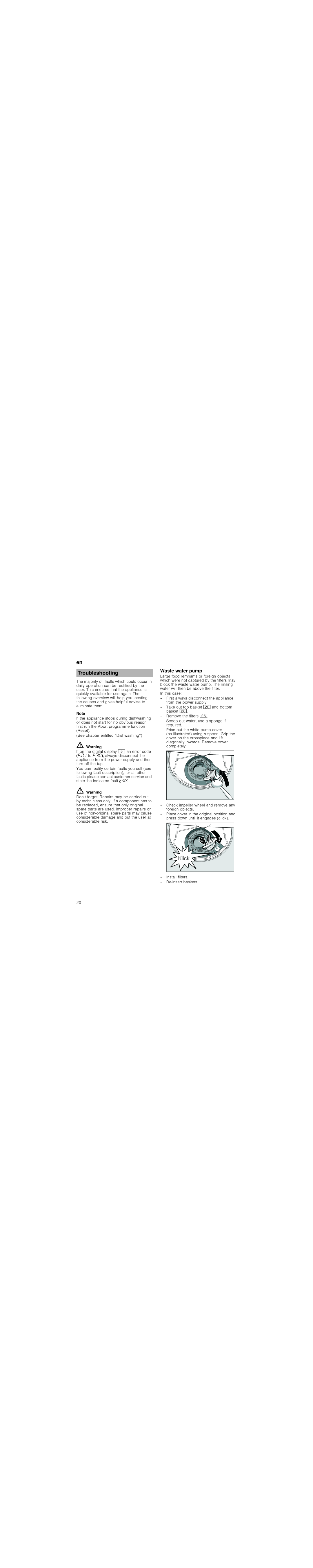 Bosch Appliances 6WDUW, 5HVHW manual en Troubleshooting, Waste water pump 