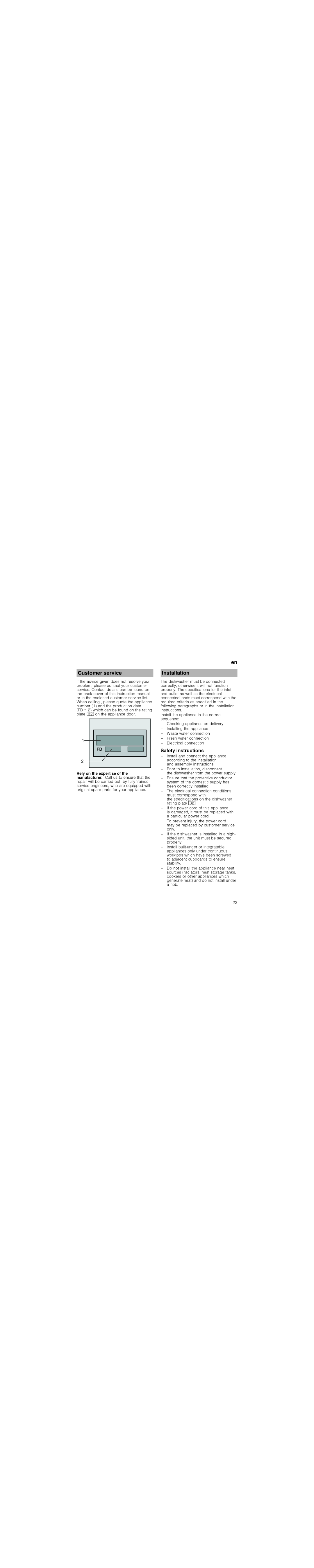 Bosch Appliances 5HVHW, 6WDUW manual Customer service, en Installation, Safety instructions 