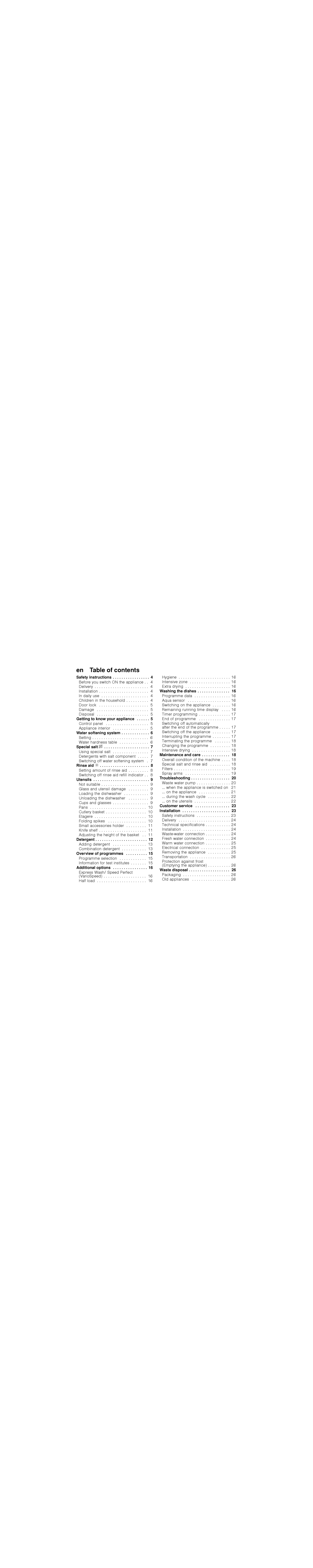 Bosch Appliances 5HVHW, 6WDUW manual en Table of contents 