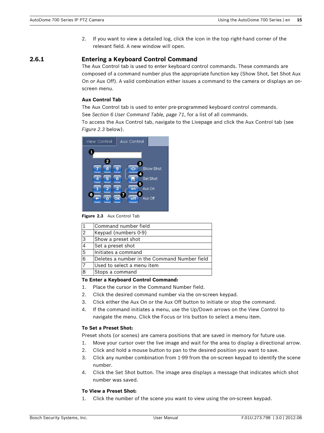 Bosch Appliances 700 user manual Entering a Keyboard Control Command, Aux Control Tab, To Enter a Keyboard Control Command 