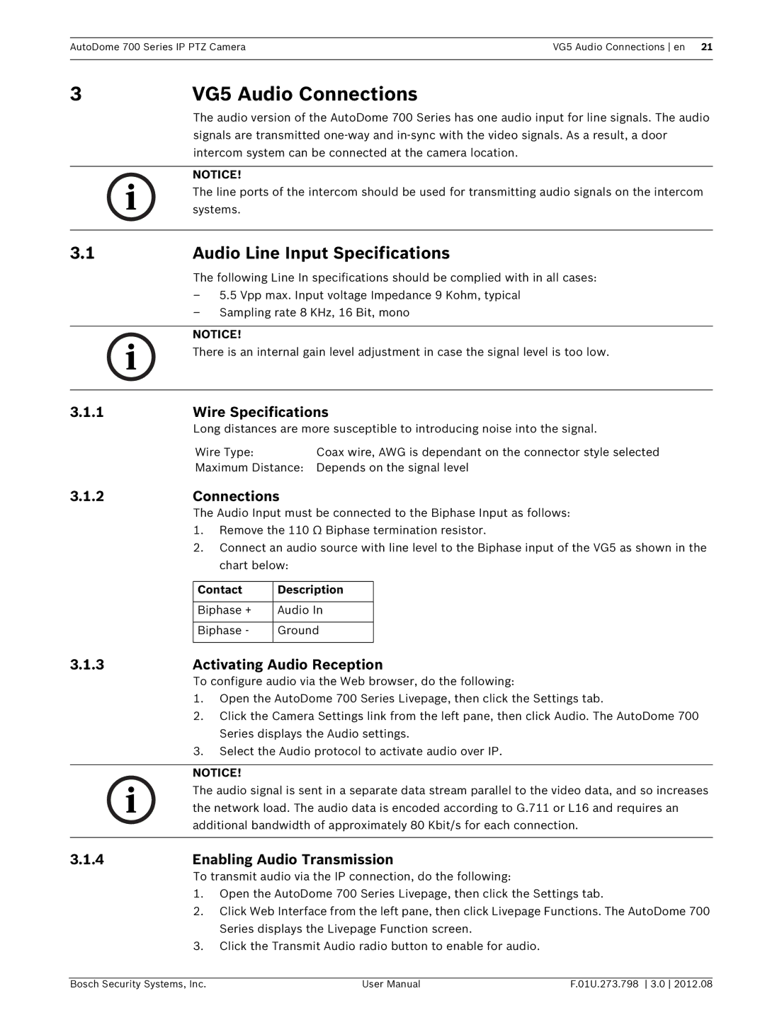 Bosch Appliances 700 Audio Line Input Specifications, Wire Specifications, Connections, Activating Audio Reception 