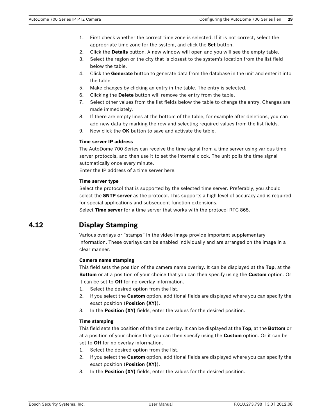 Bosch Appliances 700 user manual Display Stamping, Camera name stamping, Time stamping 