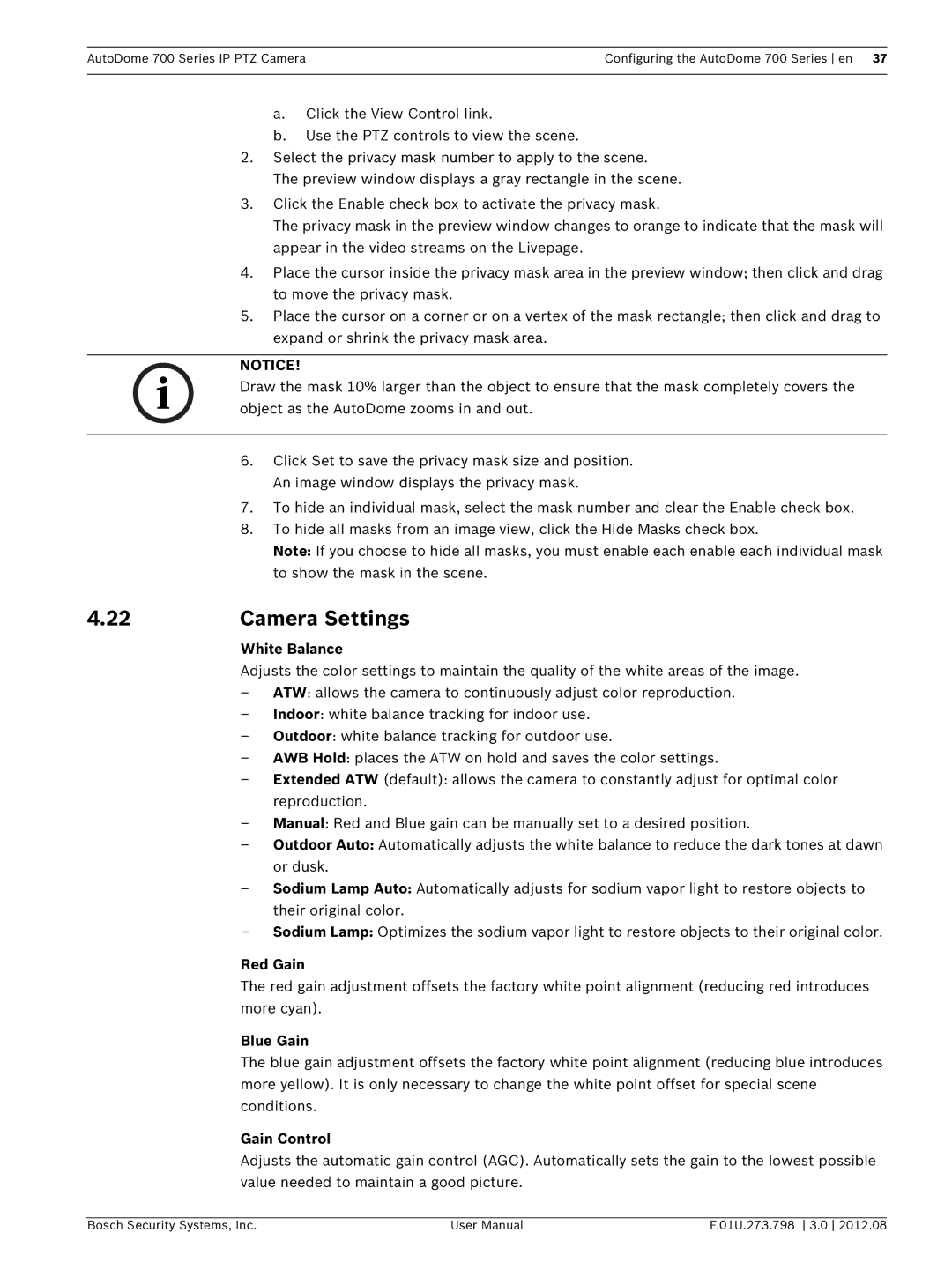 Bosch Appliances 700 user manual Camera Settings, White Balance, Red Gain, Blue Gain, Gain Control 