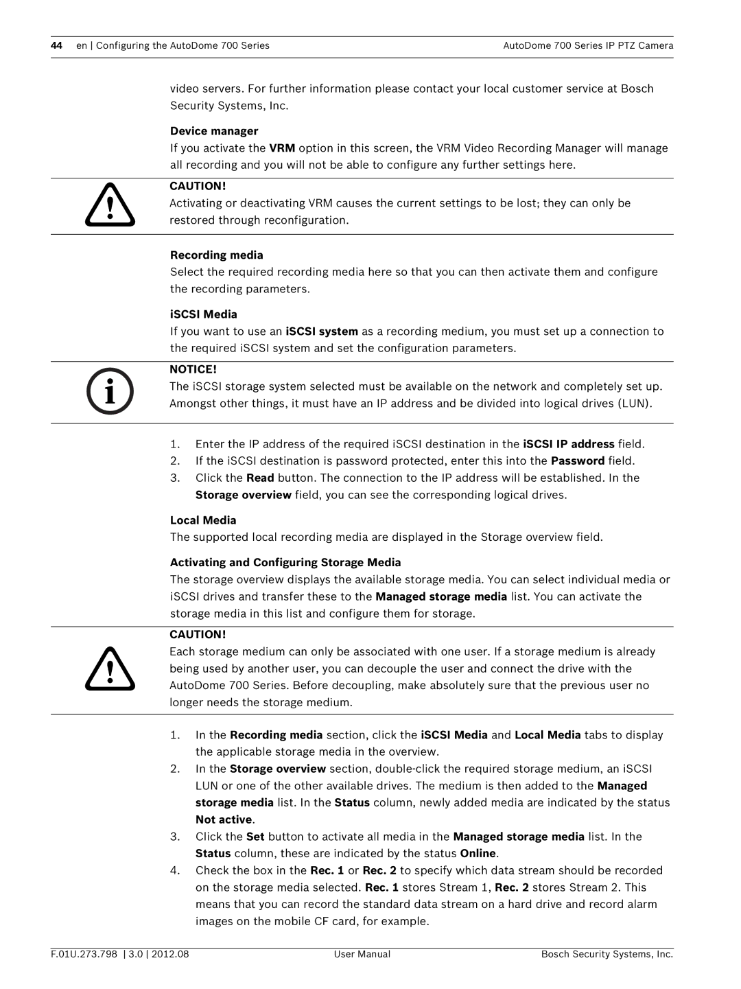 Bosch Appliances 700 Device manager, Recording media, ISCSI Media, Local Media, Activating and Configuring Storage Media 