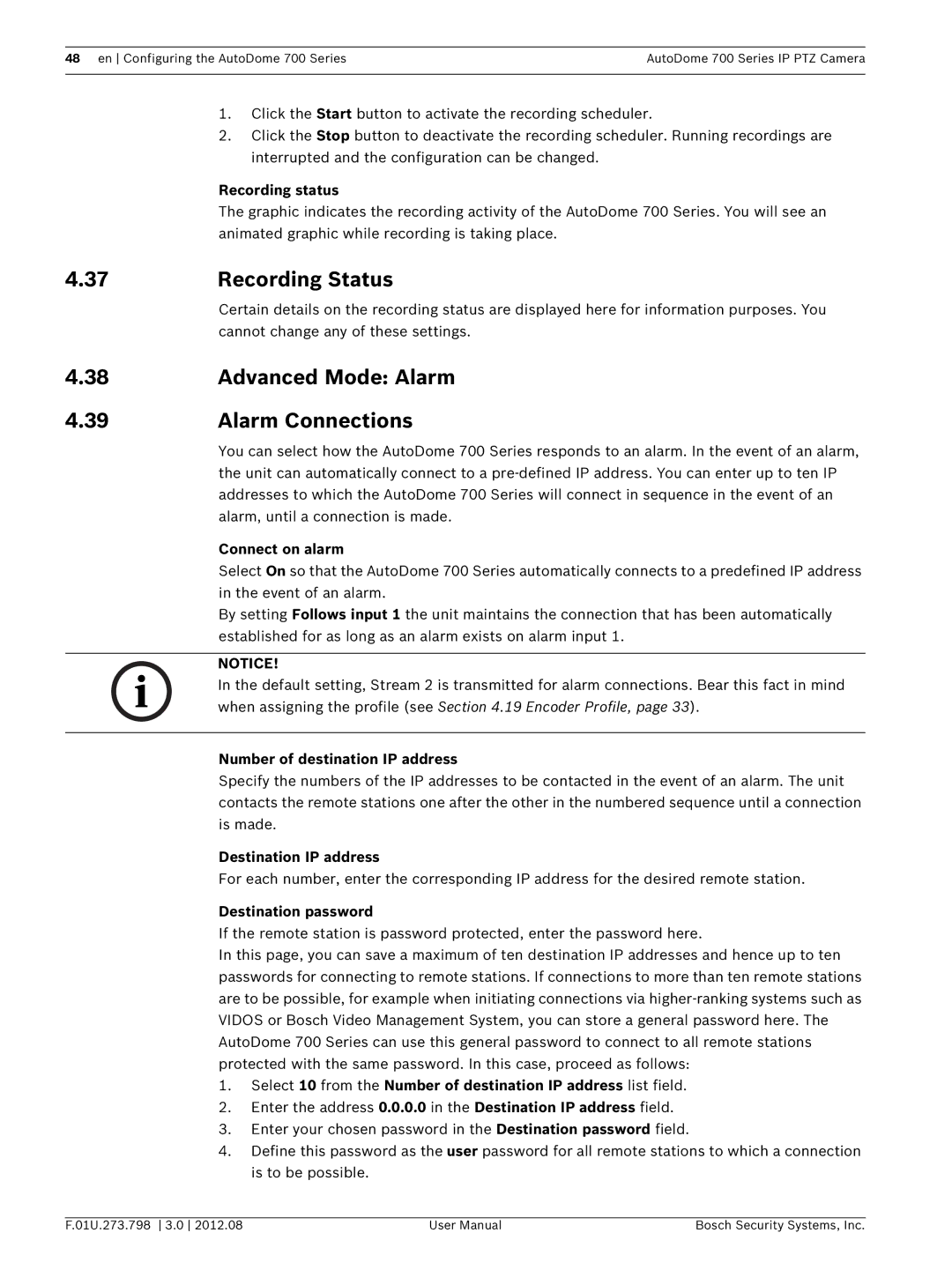 Bosch Appliances 700 user manual Recording Status, Advanced Mode Alarm Alarm Connections 