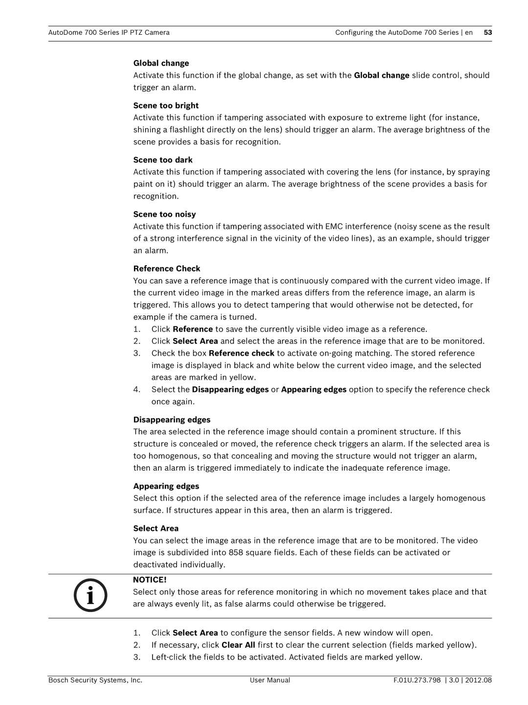 Bosch Appliances 700 Scene too bright, Scene too dark, Scene too noisy, Reference Check, Disappearing edges, Select Area 