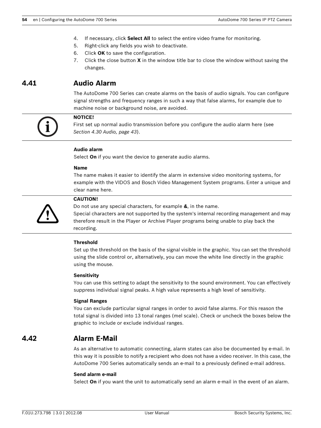 Bosch Appliances 700 user manual Audio Alarm, Alarm E-Mail 