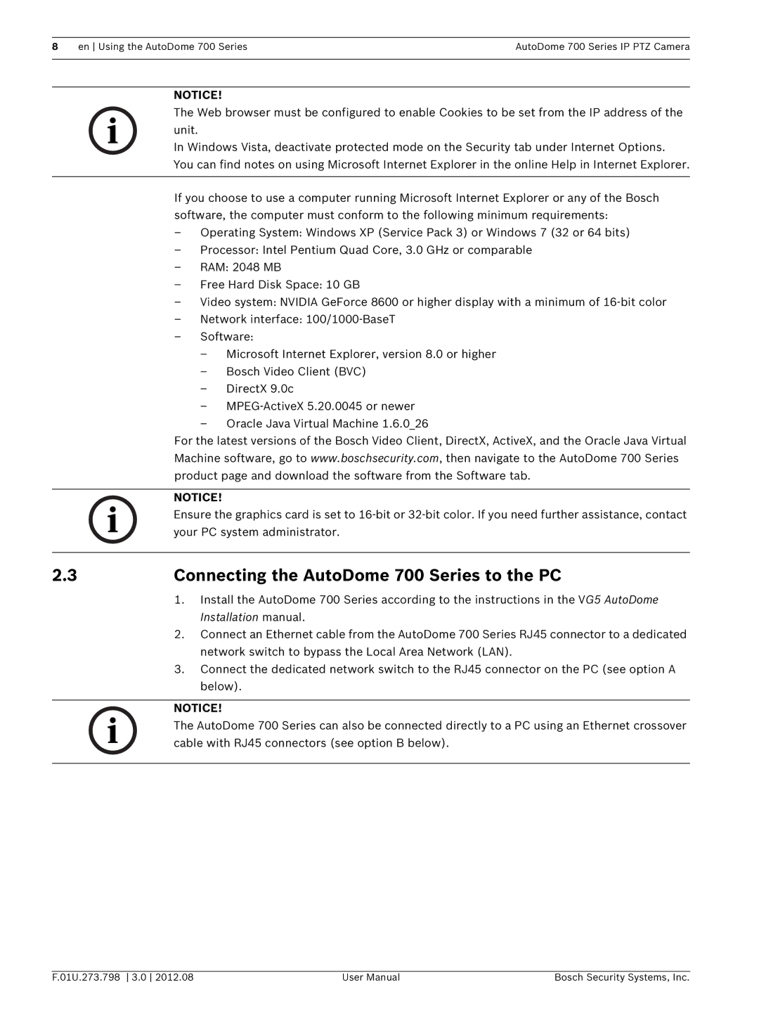 Bosch Appliances user manual Connecting the AutoDome 700 Series to the PC, Installation manual 