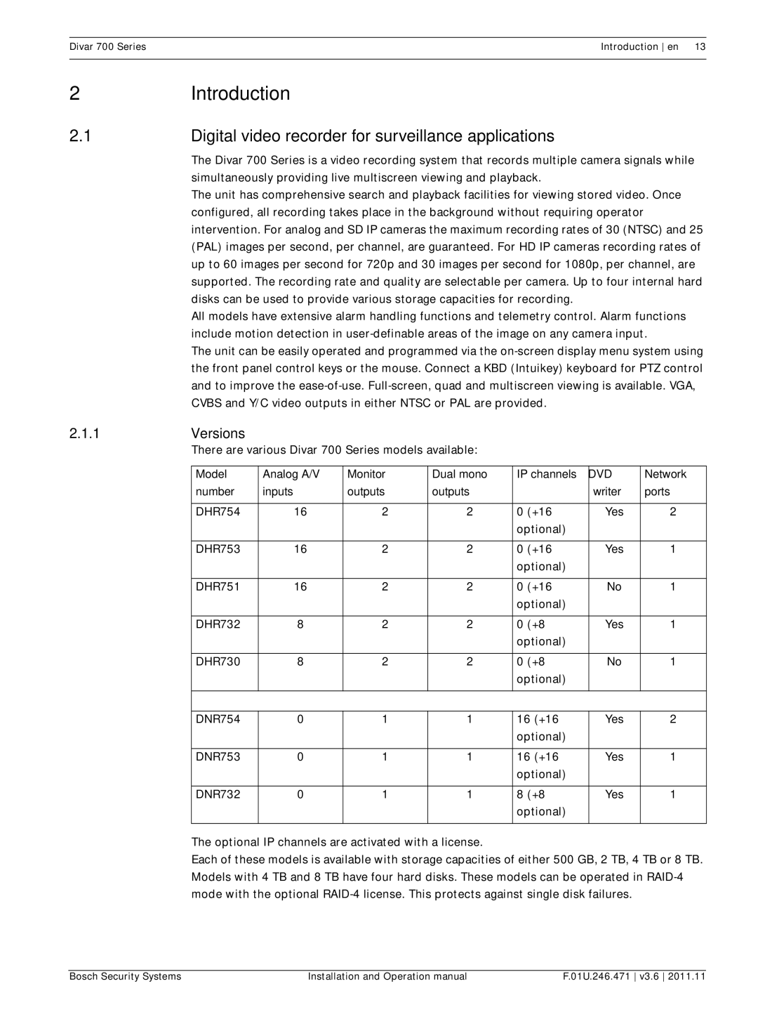 Bosch Appliances 700 operation manual Digital video recorder for surveillance applications, Versions, Network 