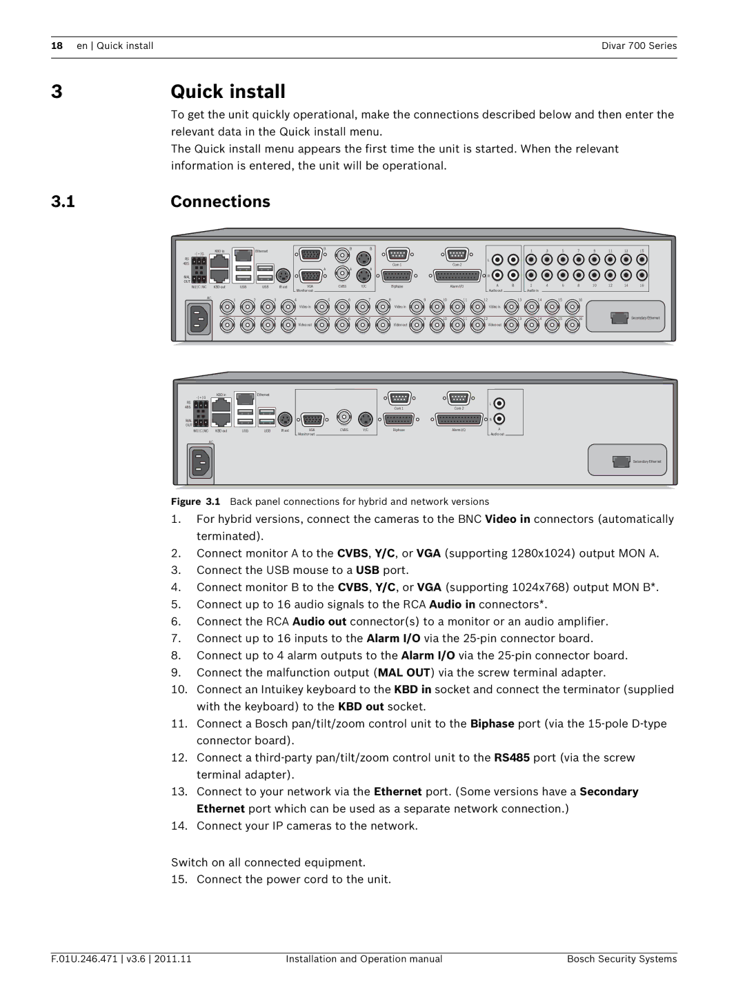 Bosch Appliances 700 operation manual Quick install, 1Connections 