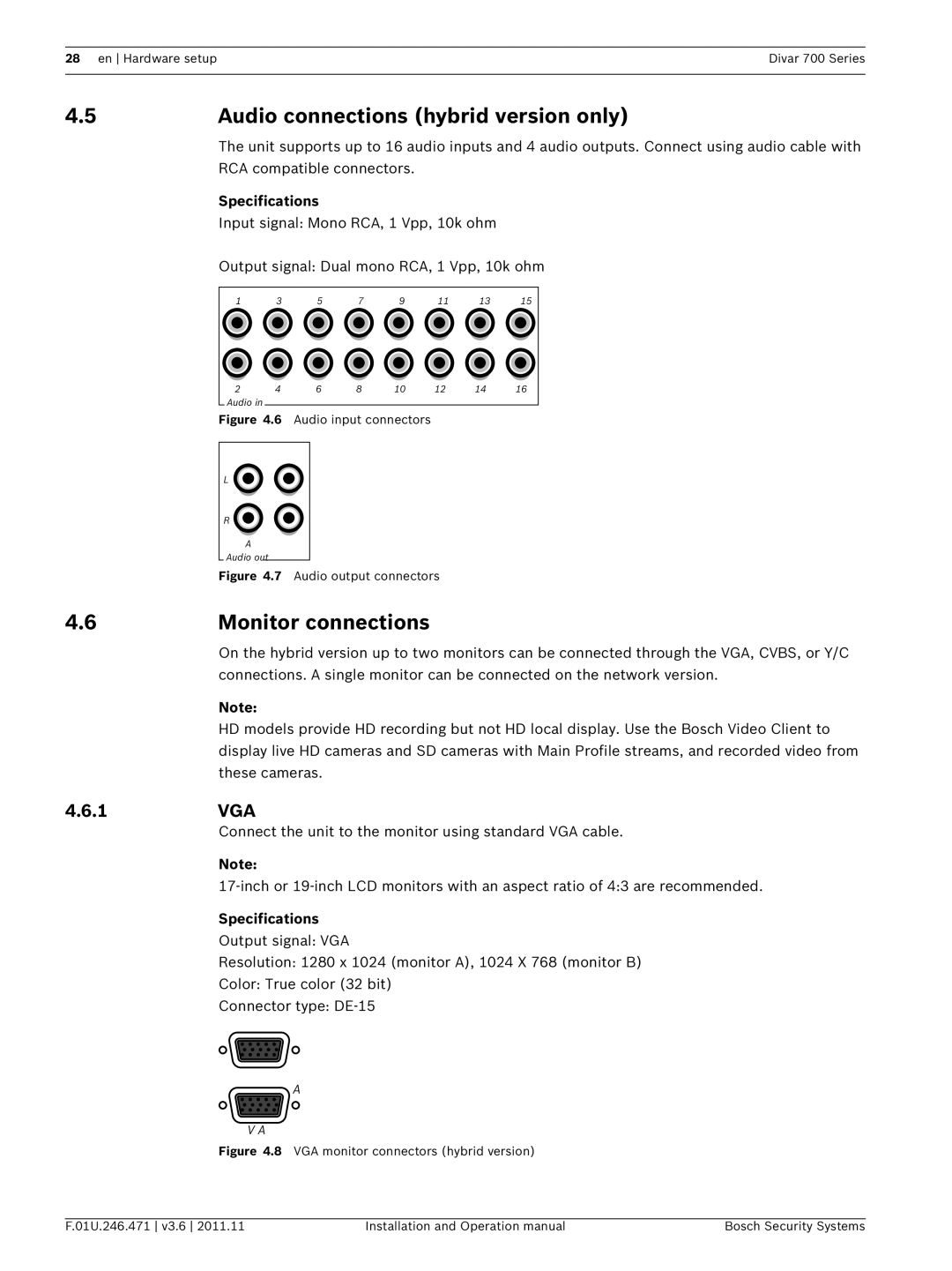 Bosch Appliances 700 operation manual Audio connections hybrid version only, Monitor connections 