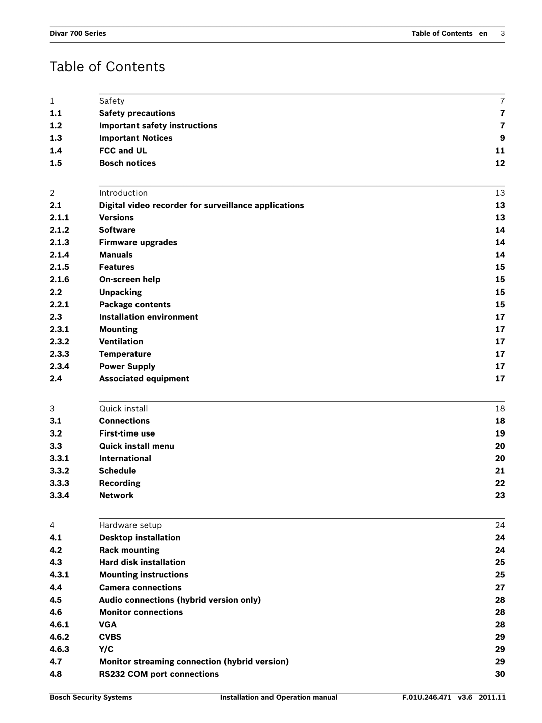 Bosch Appliances 700 operation manual Table of Contents 