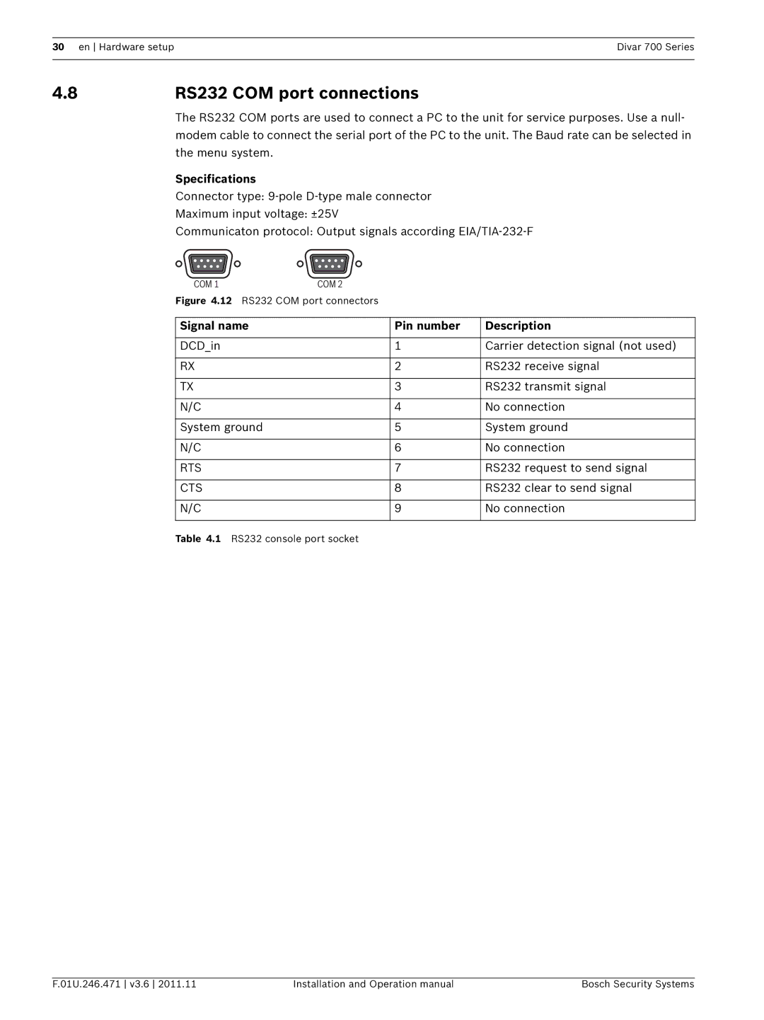 Bosch Appliances 700 operation manual RS232 COM port connections, Signal name Pin number Description, Rts, Cts 