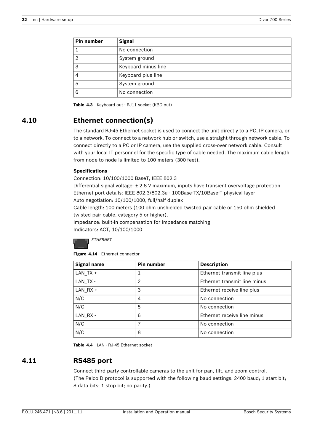 Bosch Appliances 700 operation manual Ethernet connections, 11RS485 port 