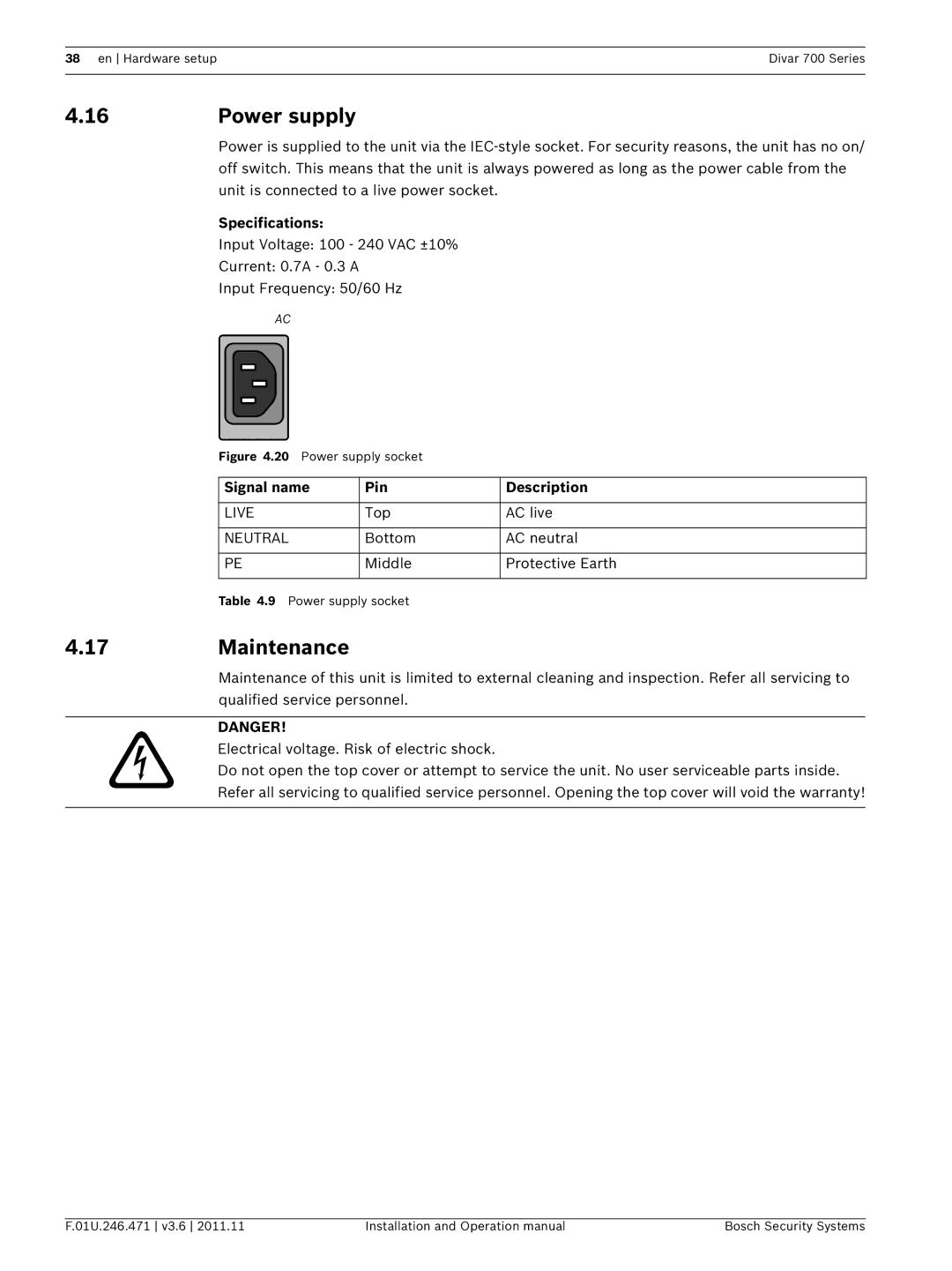 Bosch Appliances 700 operation manual 16Power supply, 17Maintenance, Signal name Pin Description, Live, Neutral 