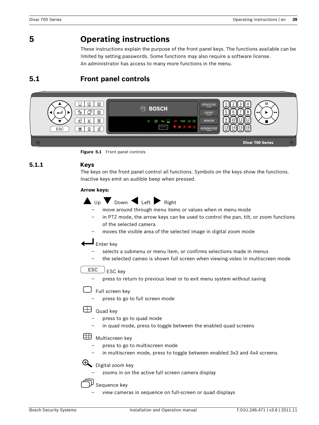 Bosch Appliances 700 operation manual Front panel controls, 1Keys, Arrow keys 