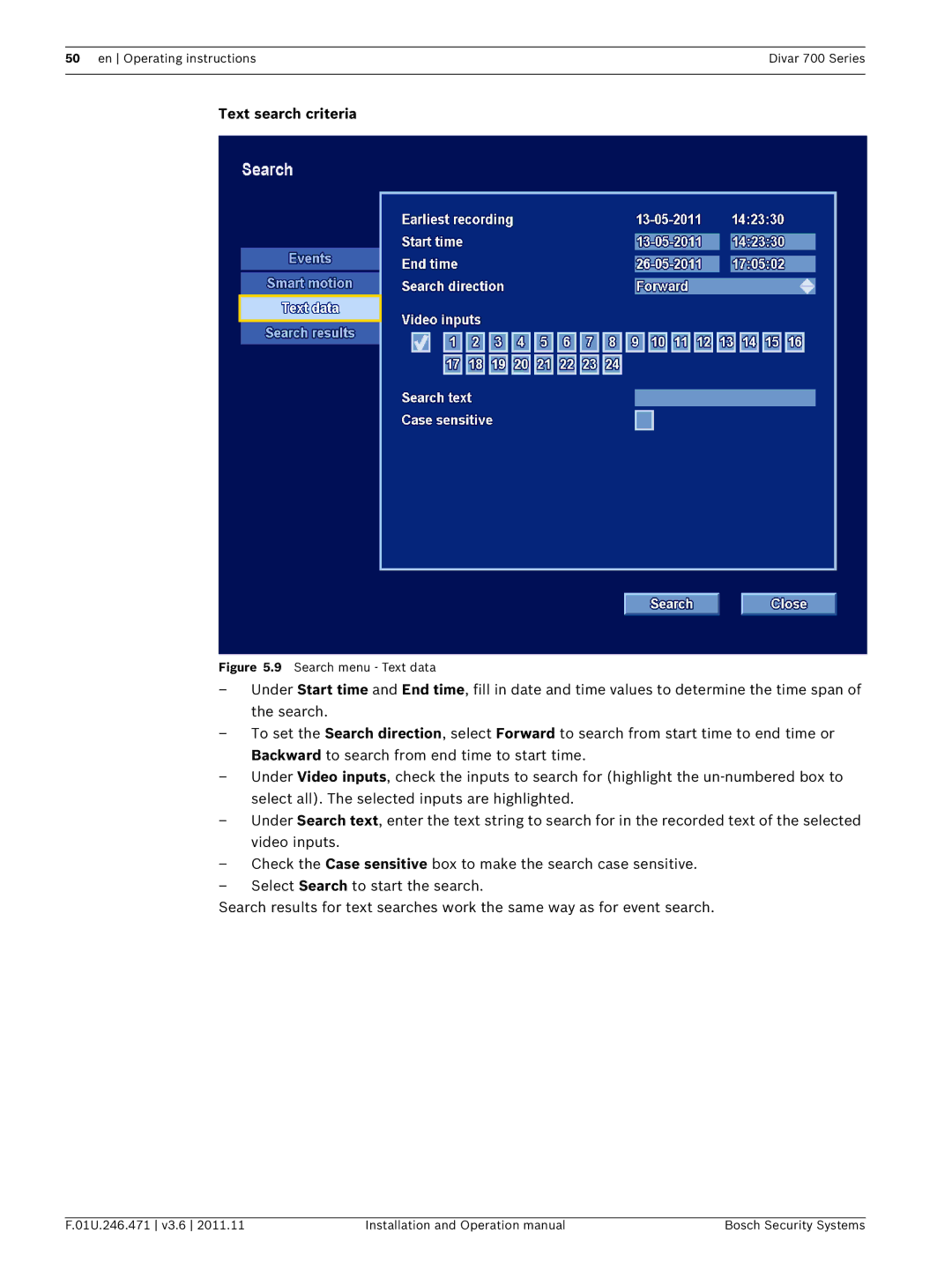 Bosch Appliances 700 operation manual Text search criteria, Search menu Text data 