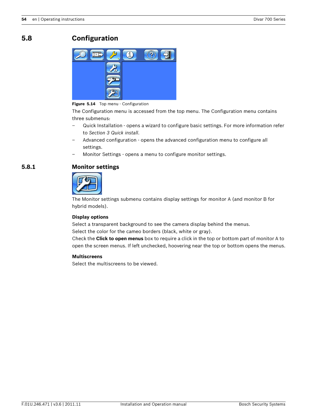 Bosch Appliances 700 operation manual 8Configuration, Monitor settings, Display options, Multiscreens 