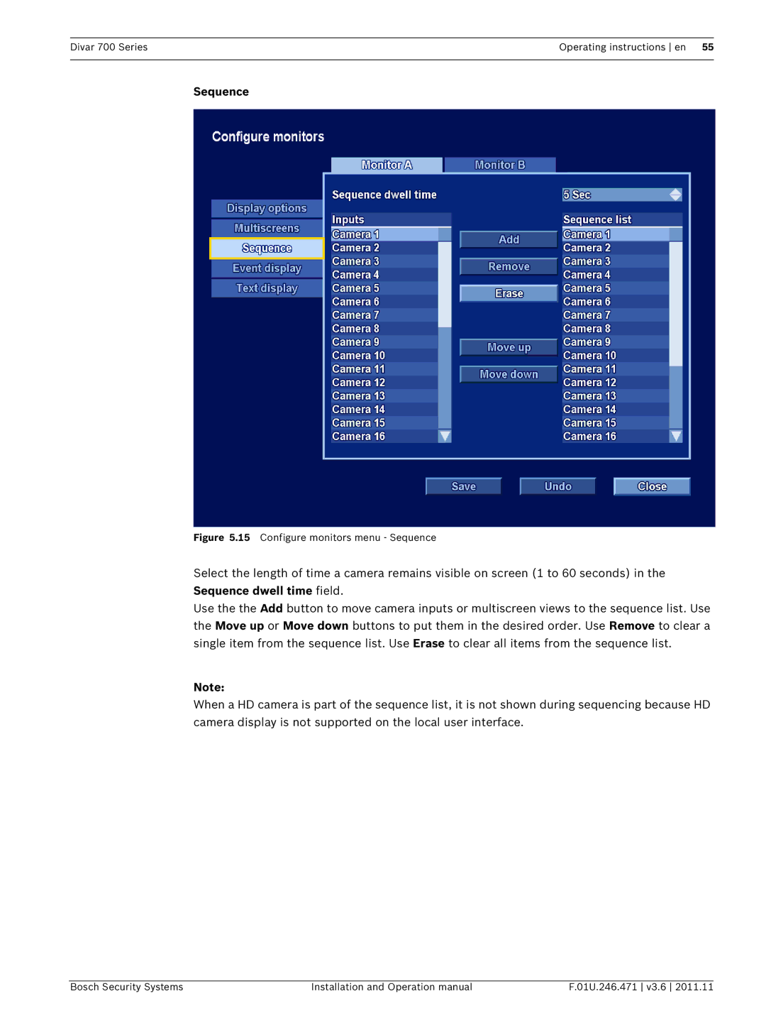 Bosch Appliances 700 operation manual Configure monitors menu Sequence 