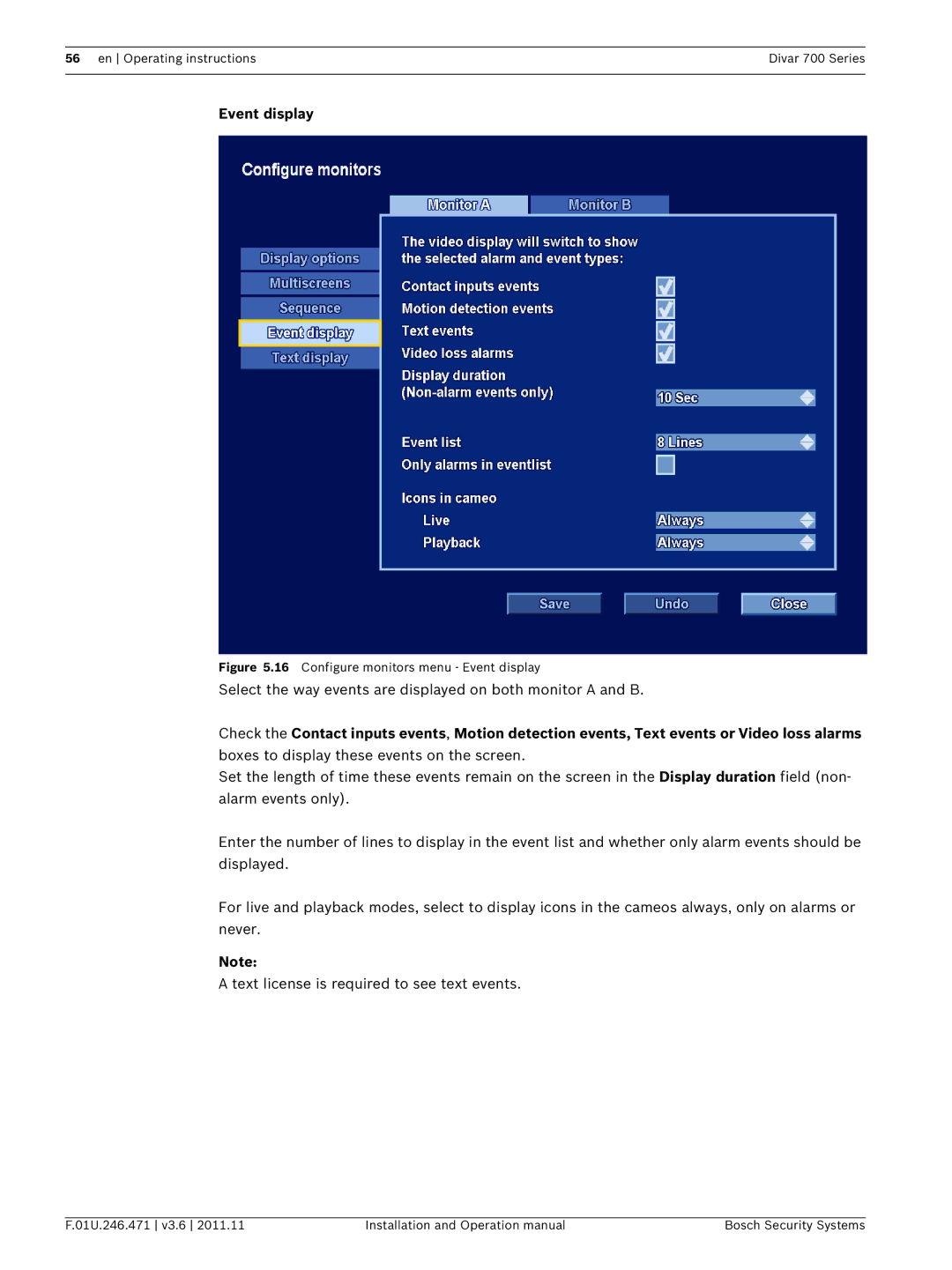 Bosch Appliances 700 operation manual Configure monitors menu Event display 