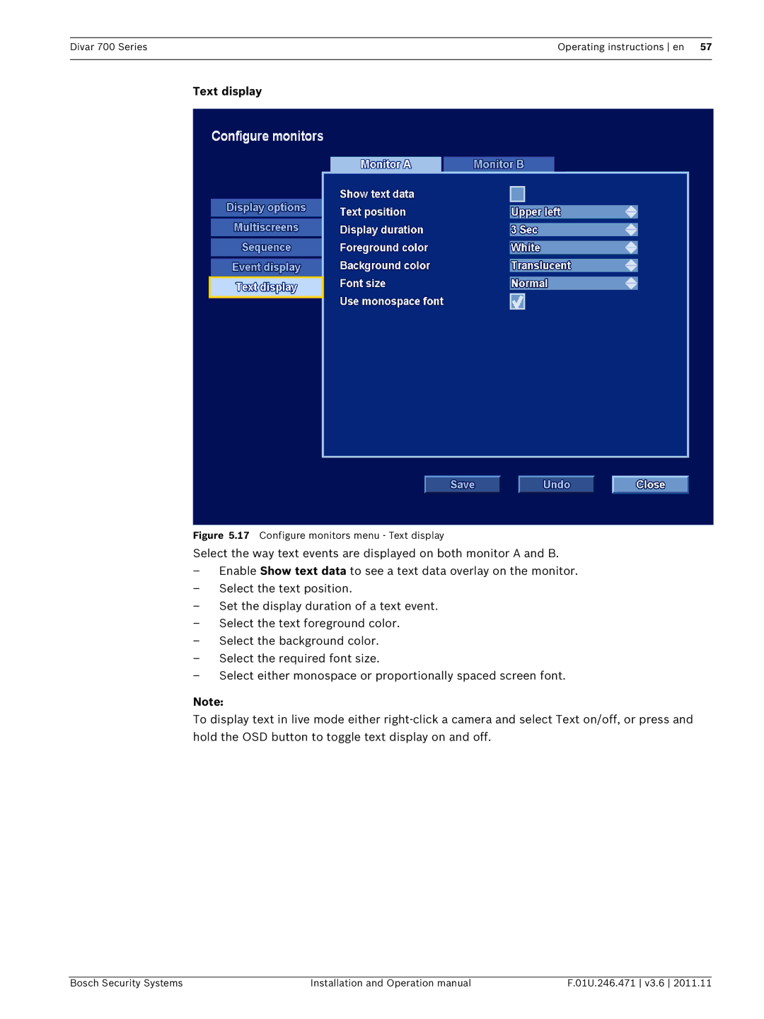 Bosch Appliances 700 operation manual Configure monitors menu Text display 