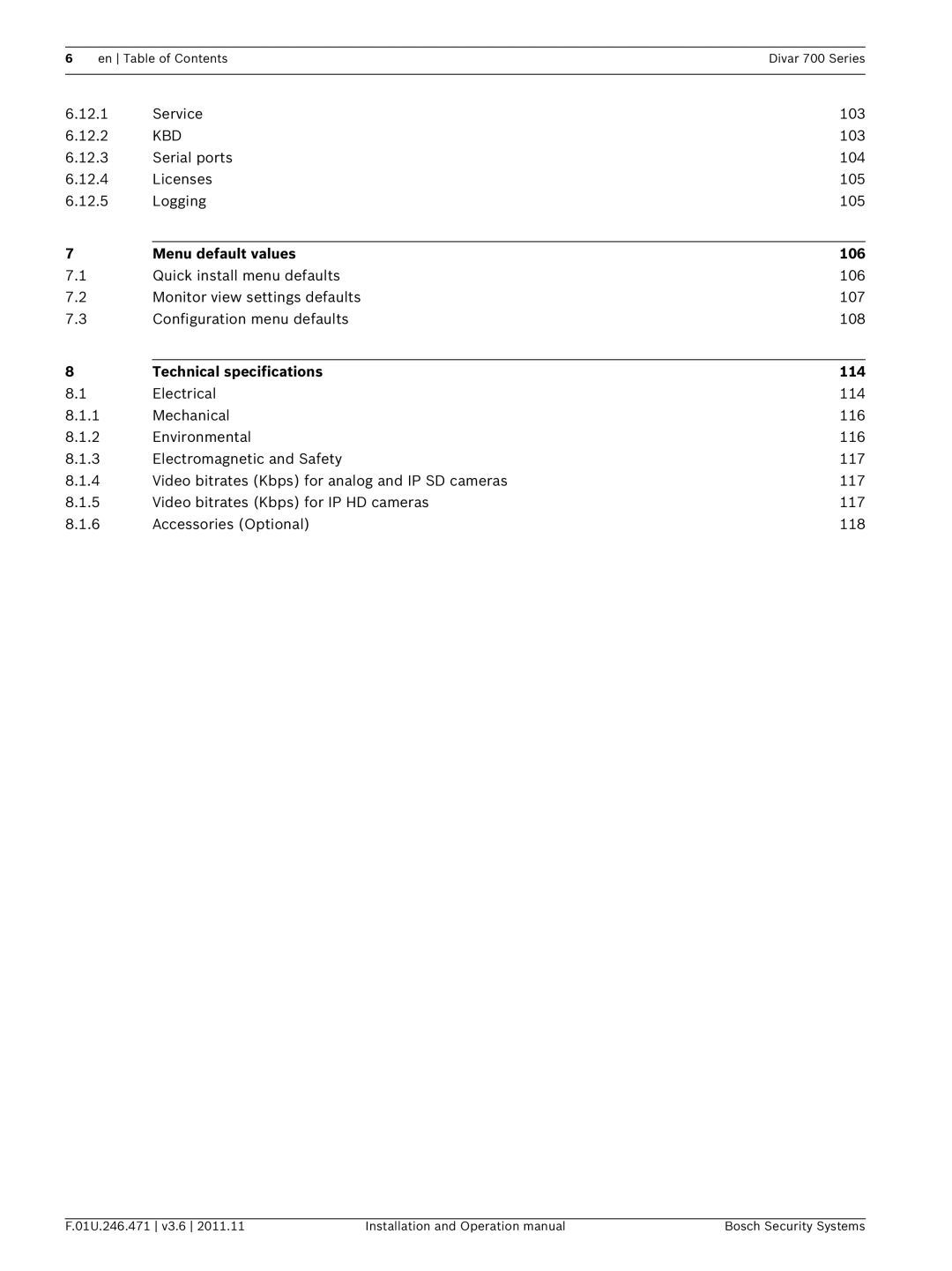 Bosch Appliances 700 operation manual Kbd, Menu default values 106, Technical specifications 114 