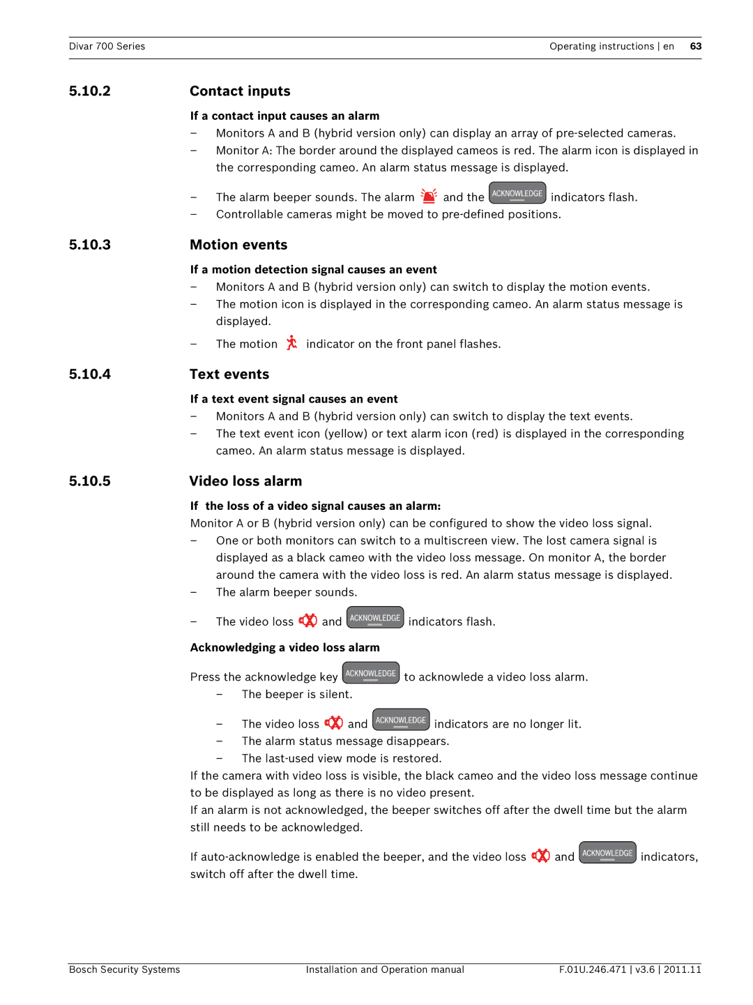 Bosch Appliances 700 operation manual Contact inputs, Motion events, 10.4, Video loss alarm 