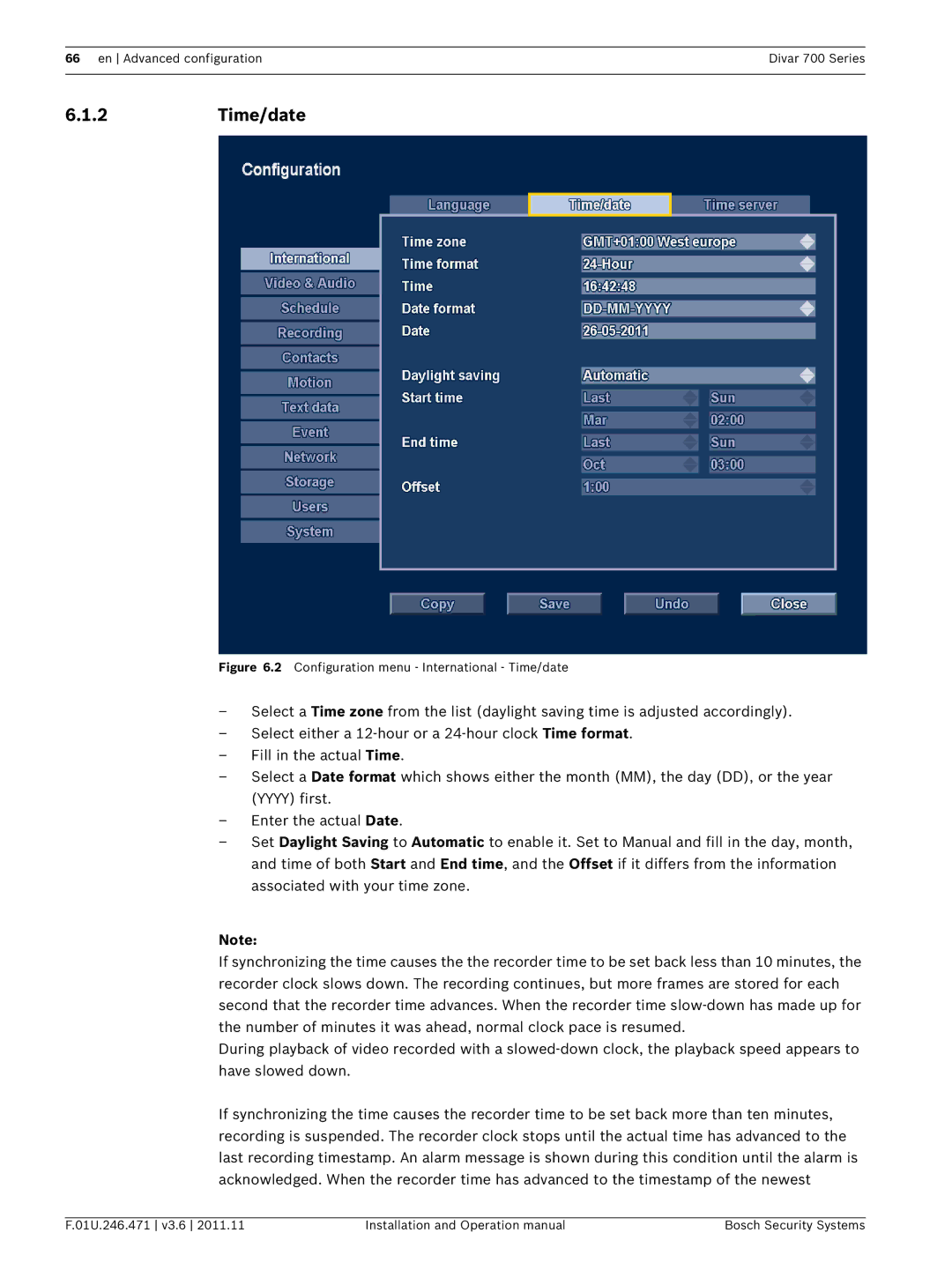 Bosch Appliances 700 operation manual 2Time/date, Configuration menu International Time/date 