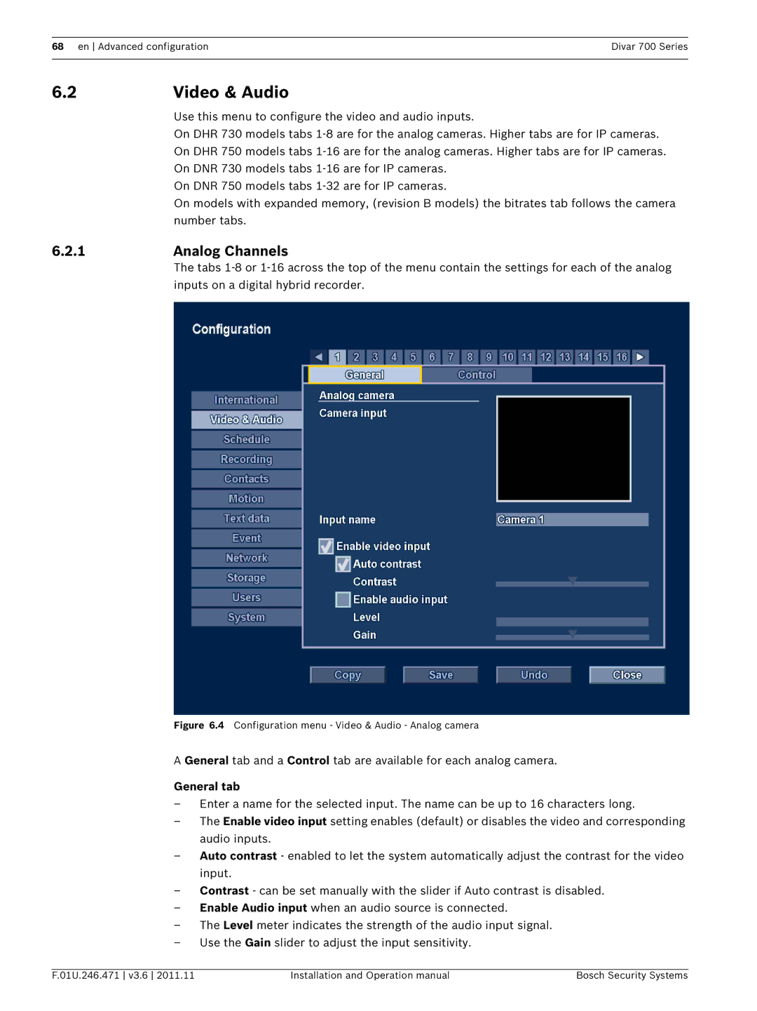 Bosch Appliances 700 operation manual Video & Audio, Analog Channels, General tab 