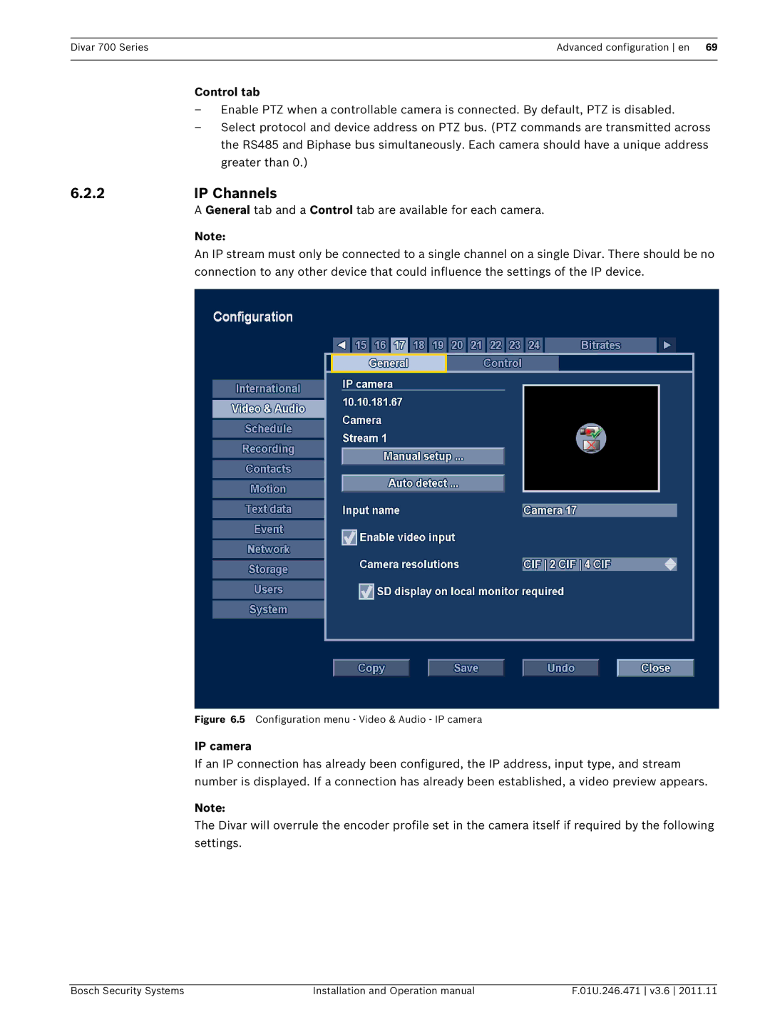 Bosch Appliances 700 operation manual 2IP Channels, Control tab, IP camera 