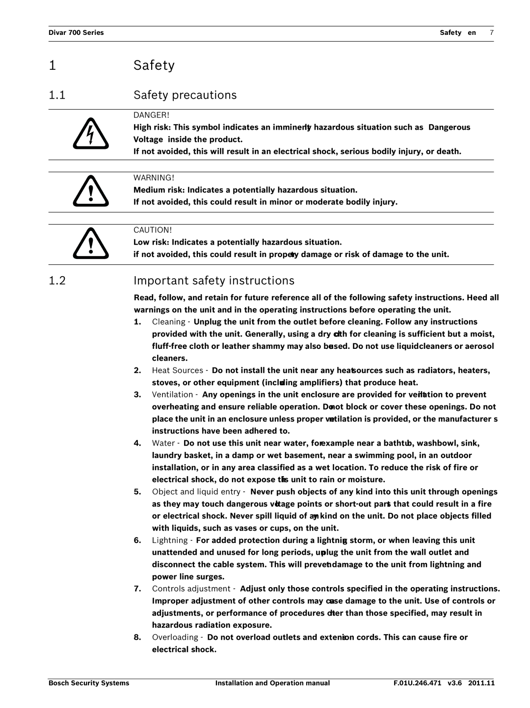 Bosch Appliances 700 operation manual Safety precautions, Important safety instructions 