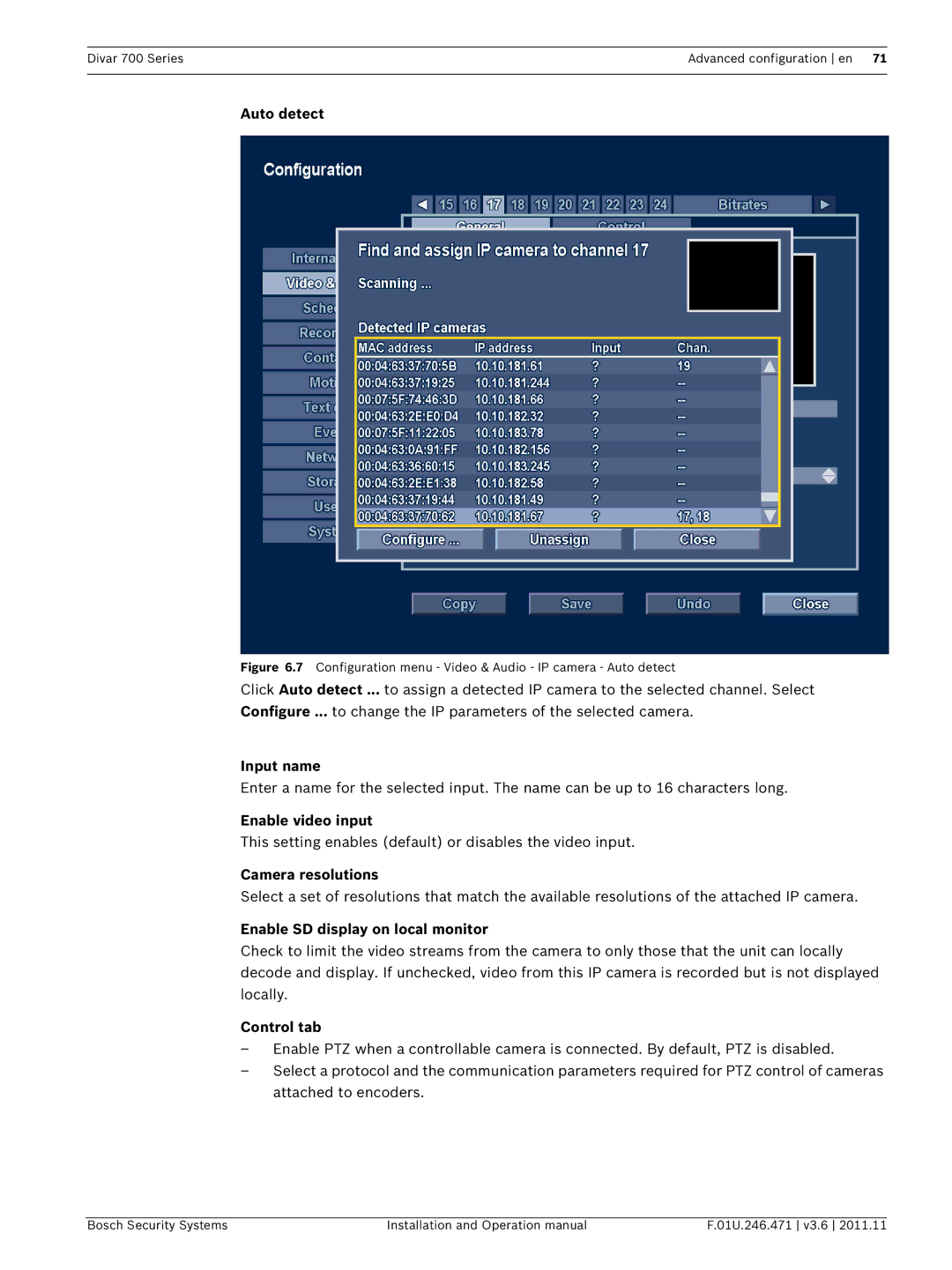 Bosch Appliances 700 Auto detect, Input name, Enable video input, Camera resolutions, Enable SD display on local monitor 