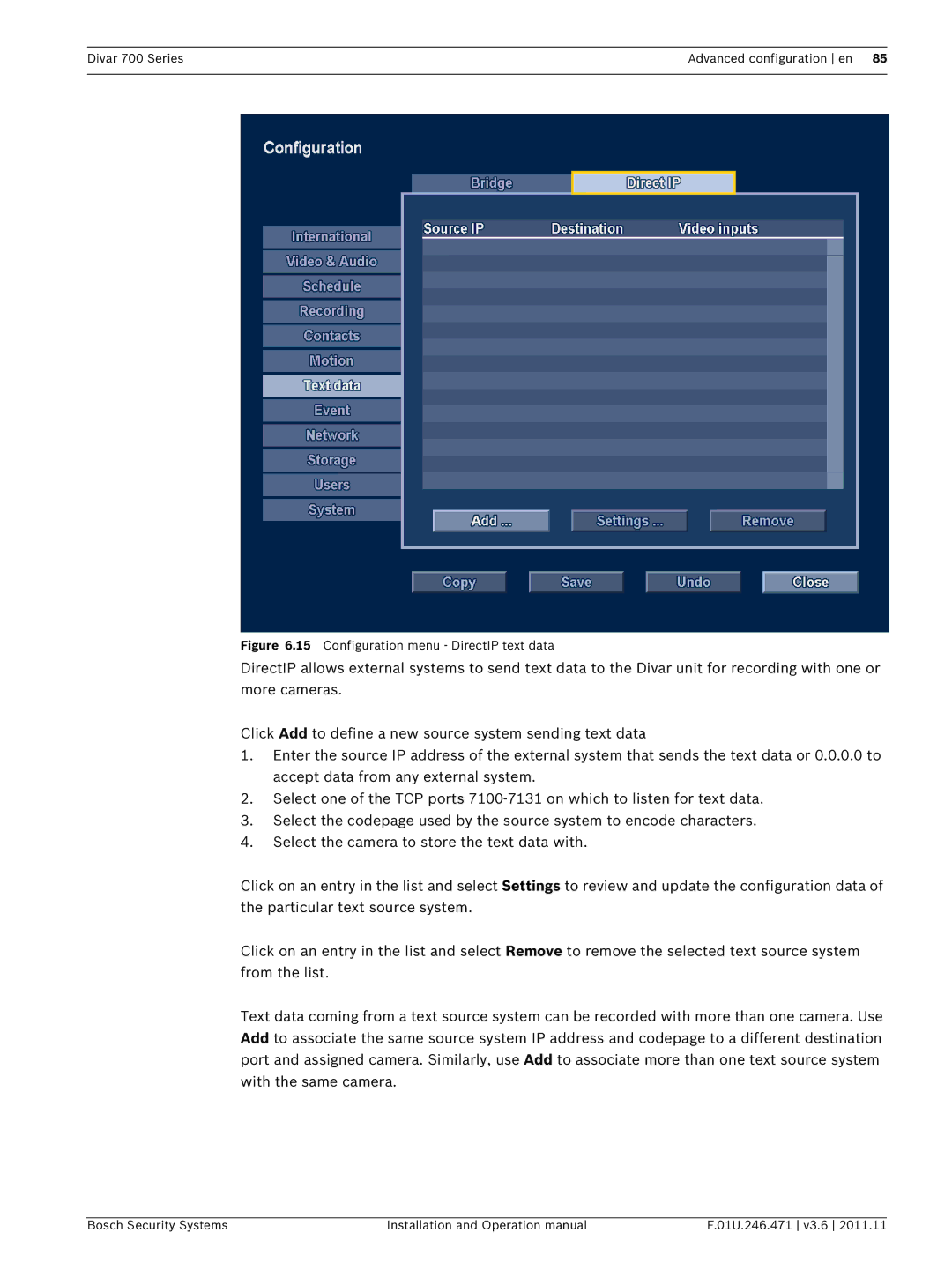 Bosch Appliances 700 operation manual Configuration menu DirectIP text data 