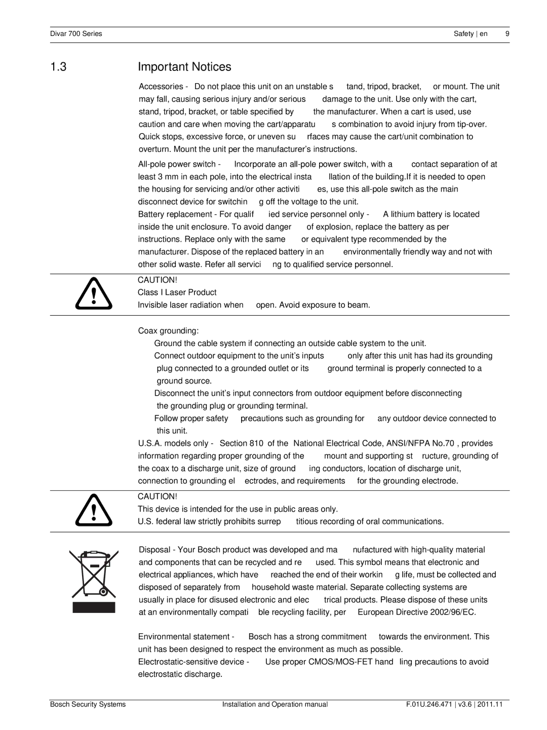 Bosch Appliances 700 operation manual Important Notices, Coax grounding 