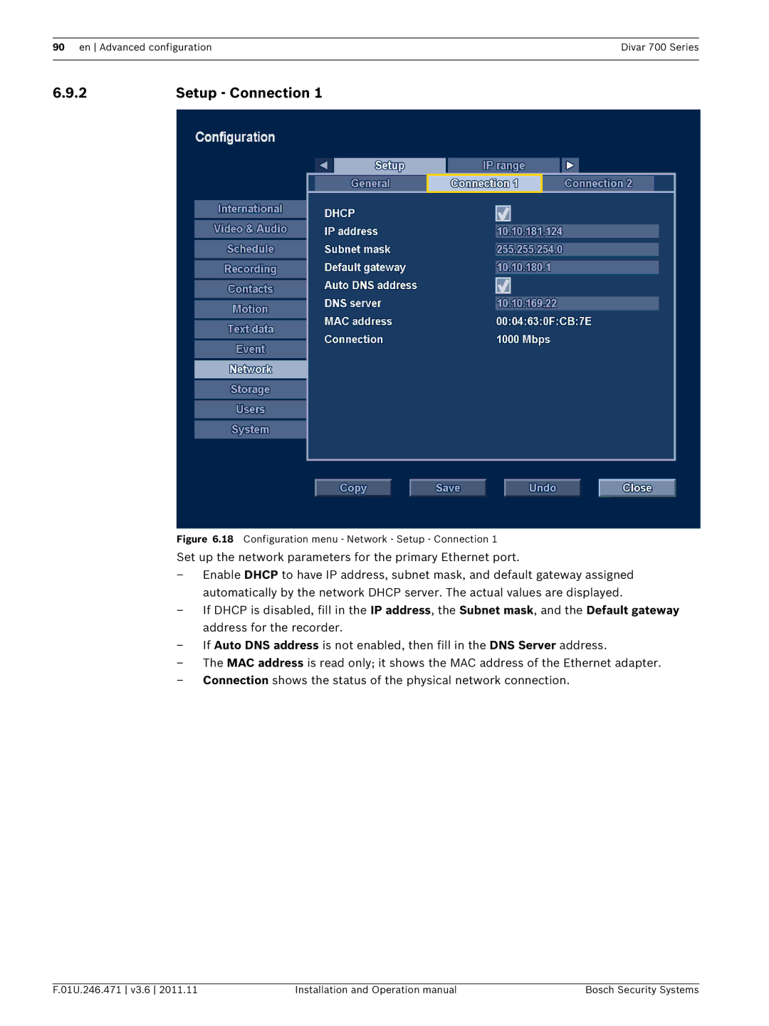 Bosch Appliances 700 operation manual Configuration menu Network Setup Connection 