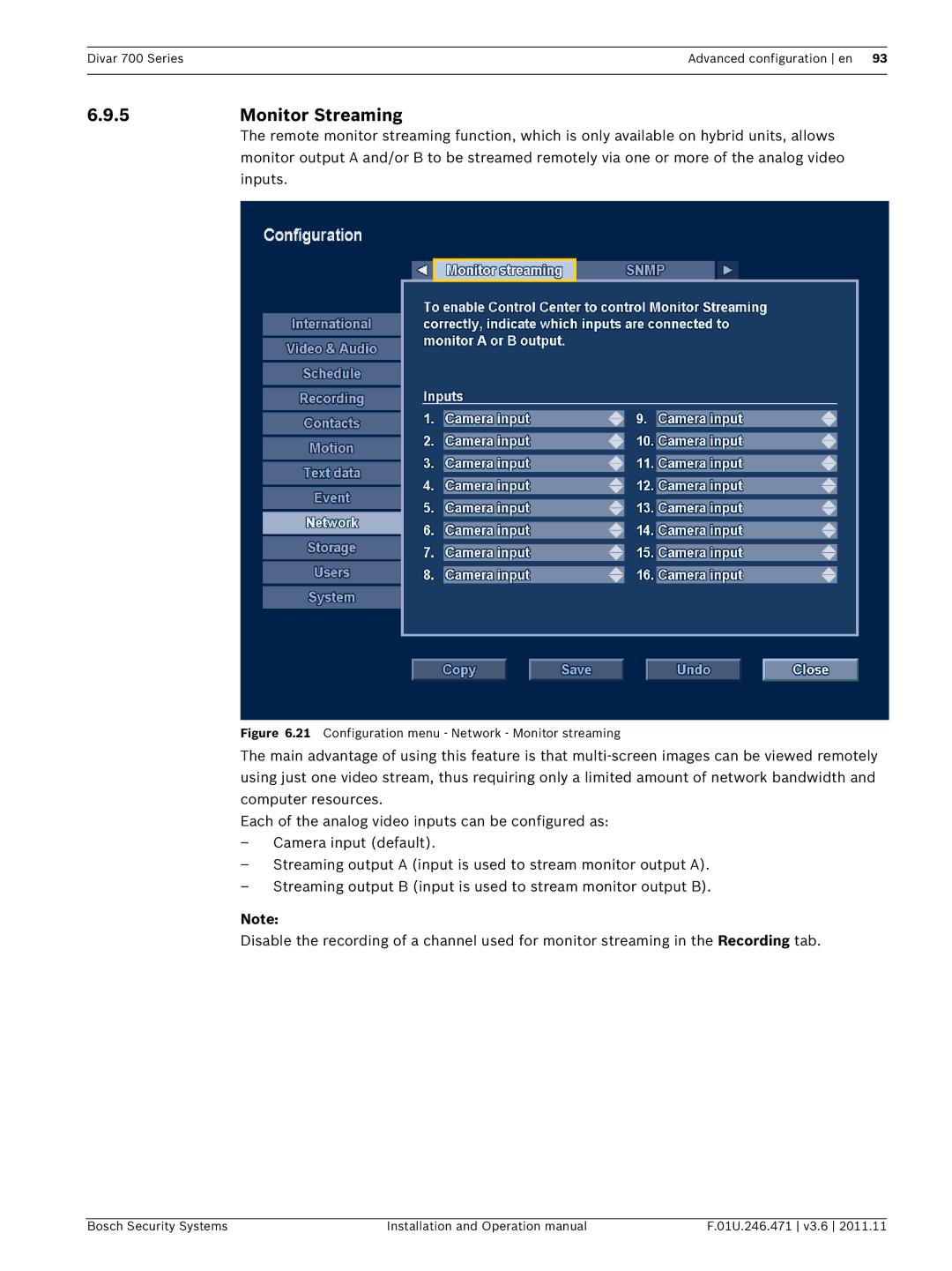 Bosch Appliances 700 operation manual 5Monitor Streaming, Configuration menu Network Monitor streaming 