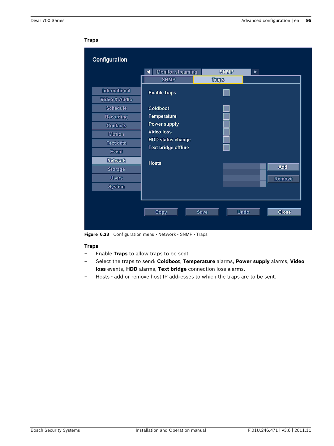 Bosch Appliances 700 operation manual Configuration menu Network Snmp Traps 