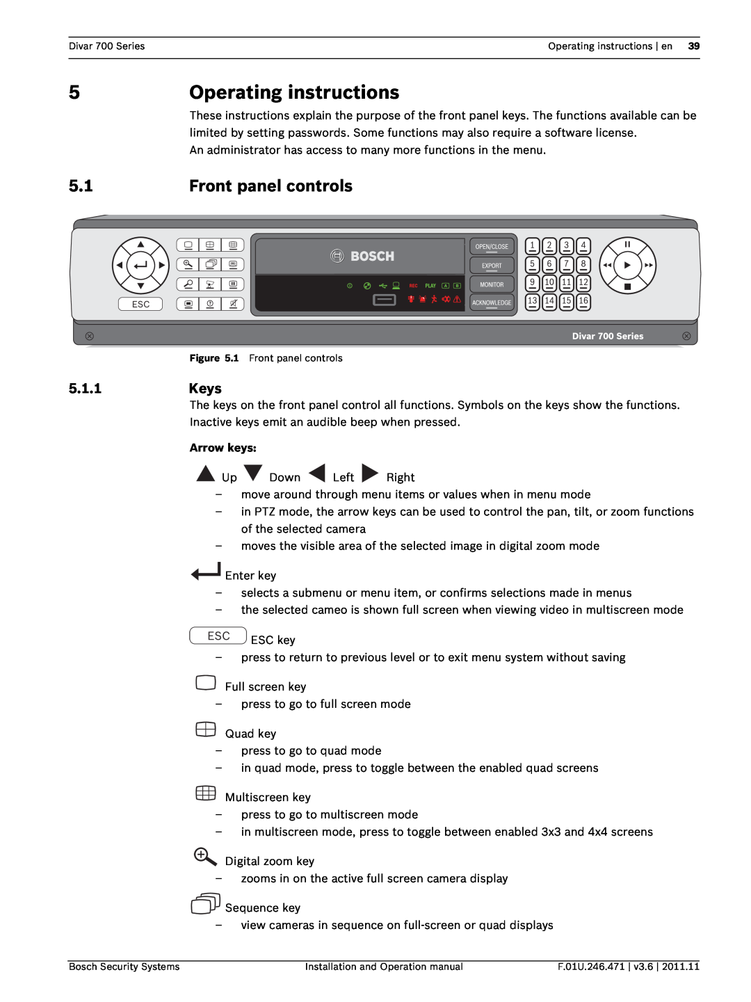 Bosch Appliances 700 operation manual Operating instructions, Front panel controls, 5.1.1Keys, Arrow keys 