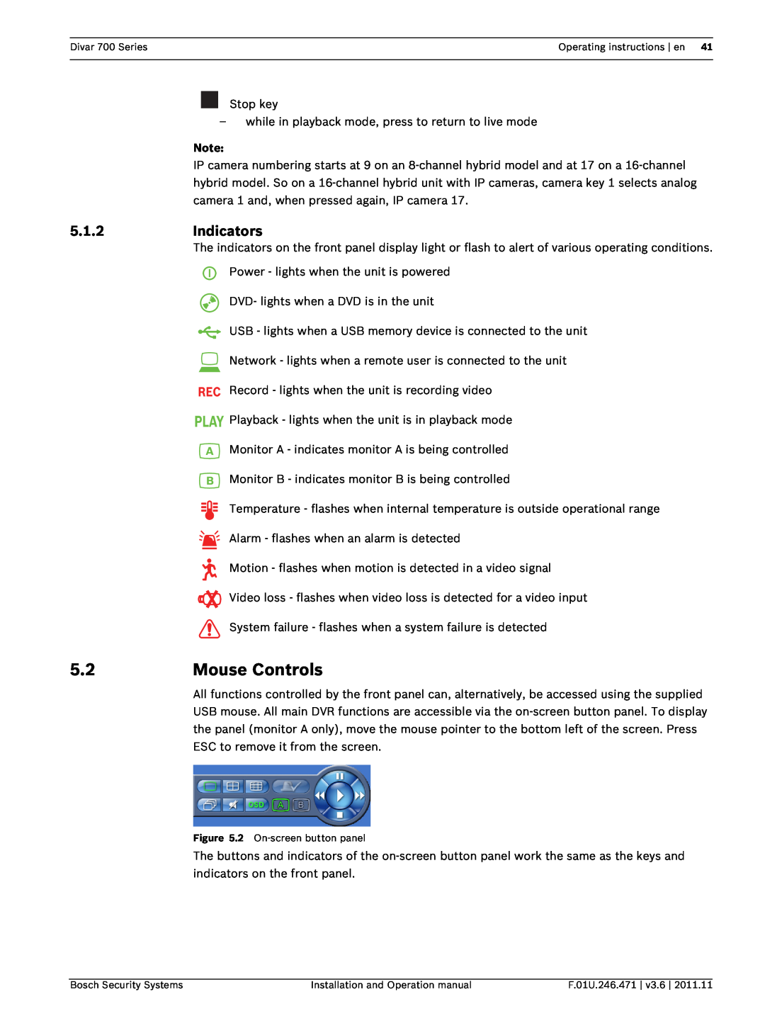 Bosch Appliances 700 operation manual 5.2Mouse Controls, 5.1.2, Indicators 